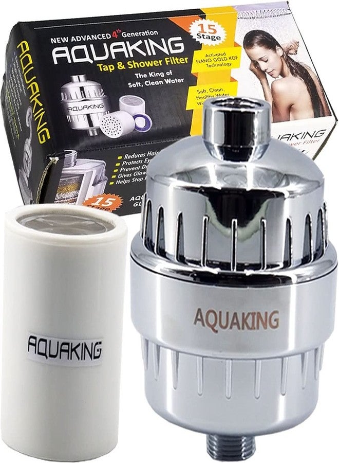 AQUAKING Hard Water Shower Filter - Also Fits On Tap Reduces Chlorine, Limescale from Well Water Gives Glowing Skin, Protects Eyes, Nail - Large, Chrome 15 Stage - Image 1